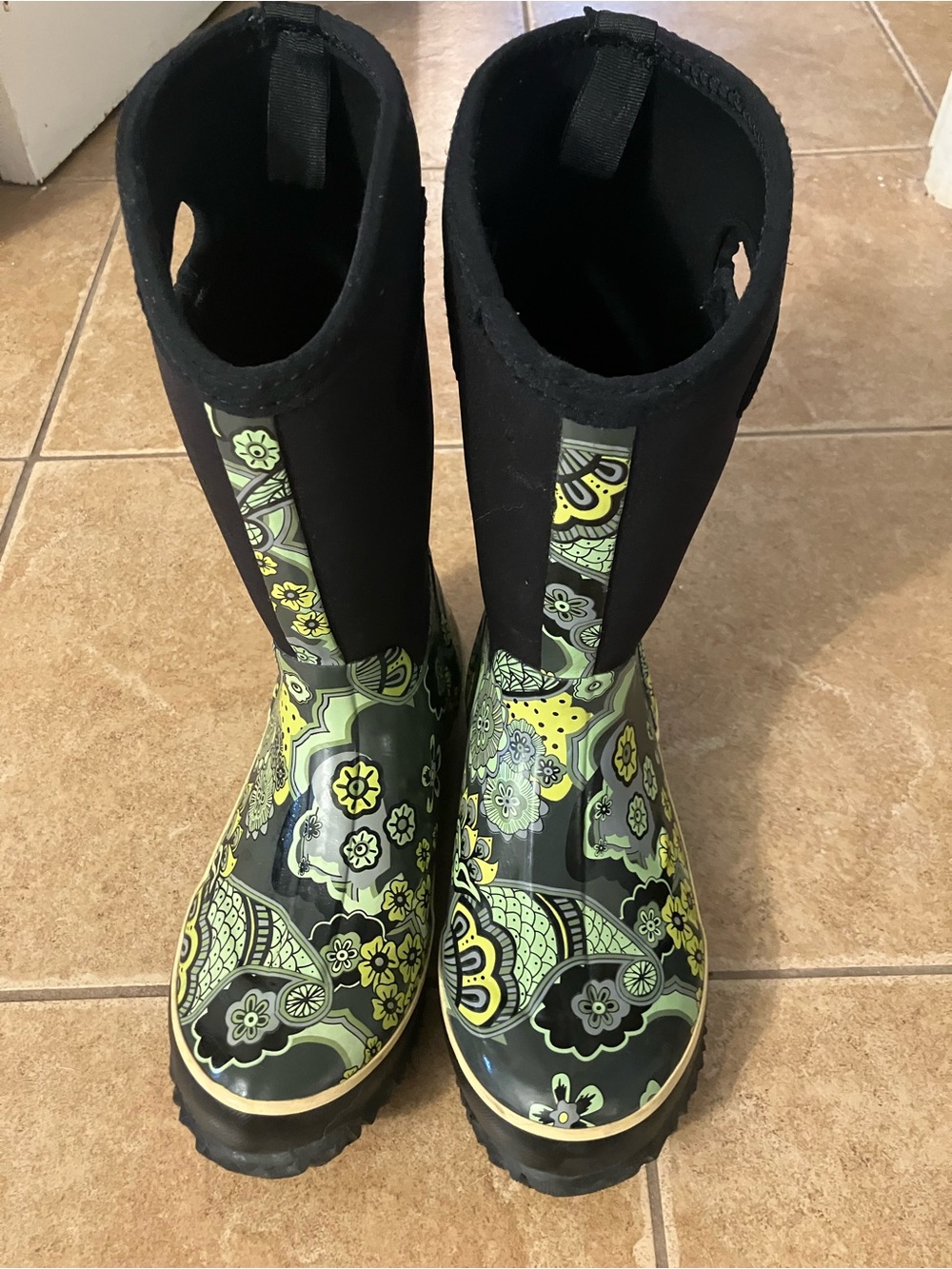 Patterned Black and Lime Green Floral Rain Boots